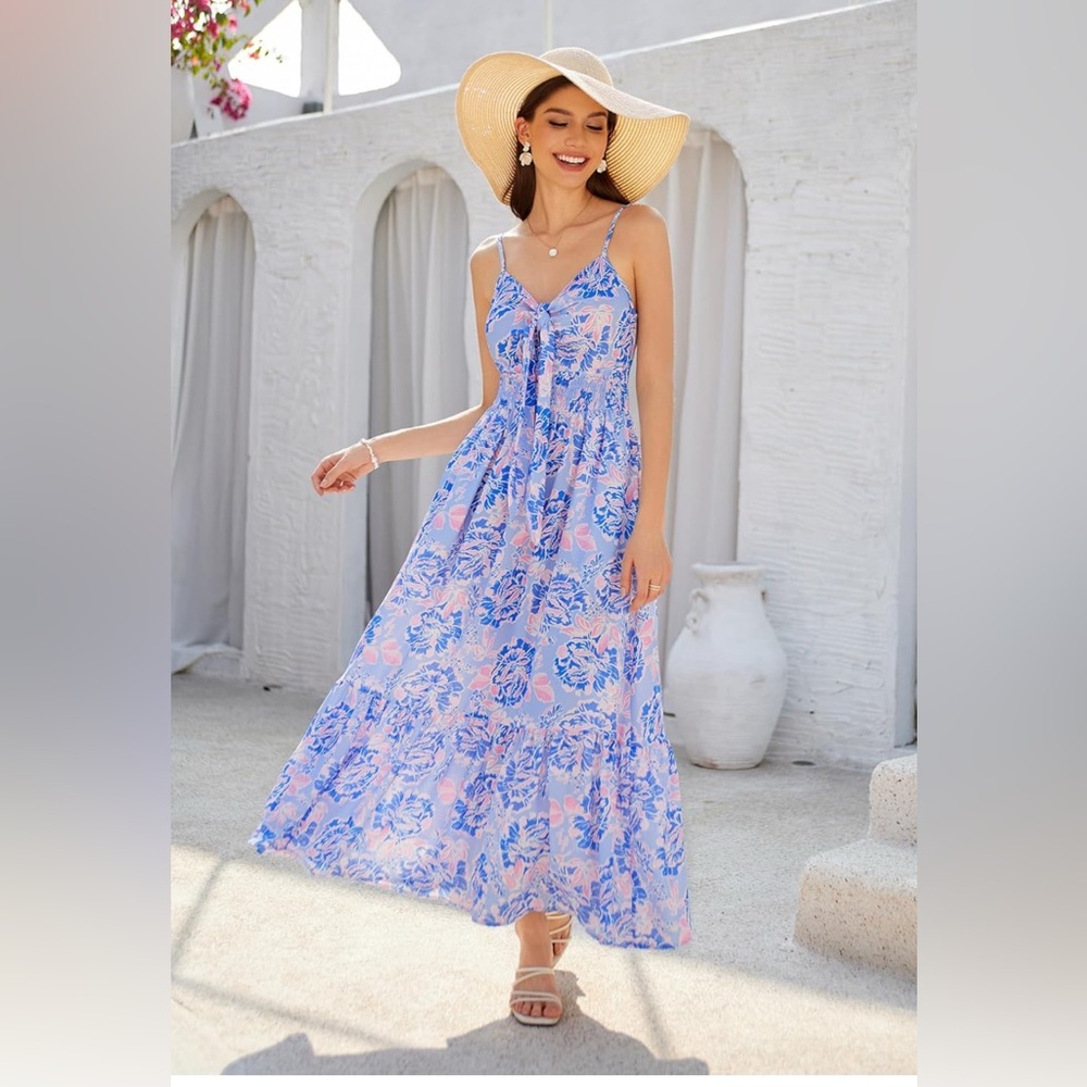 GRACE KARIN Summer Maxi Floral Tie Spaghetti Strap Boho Beach Flowy Sundress